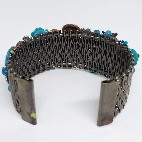 Victorian Steampunk High Detail Copper Turquoise Rose Rhinestone Cuff Bracelet - Picture 11 of 14